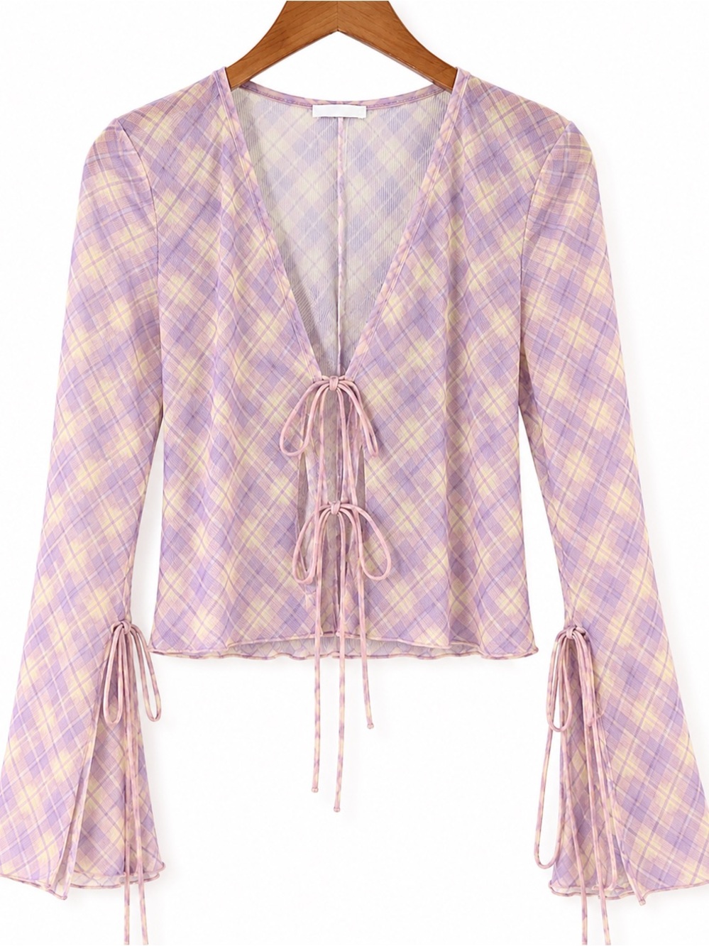 Zara Sheer Plaid Tie Front Bell Sleeve Top Pastel Purple Pink Medium NWT